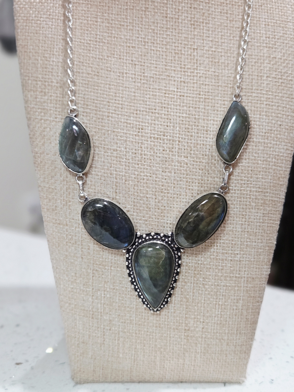 Sterling Silver Labradorite Teardrop Necklace - Green-Blue Stones